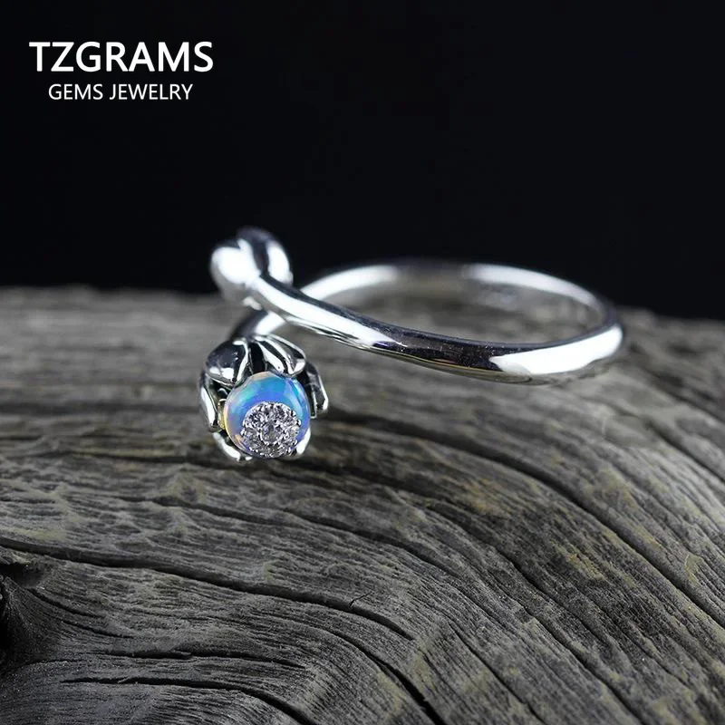 

925 Sterling Silver Natural Rainbow Fire Opal Ring Lotus Flower Design Opening Type Vintage Women Rings Jewelry