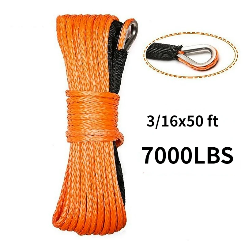 3/16'' x 50' Towing Ropes Synthetic Fiber Winch Line Cable Rope 7000+ LBs + Sheath For ATV UTV 5.5mm*15m Synthetic