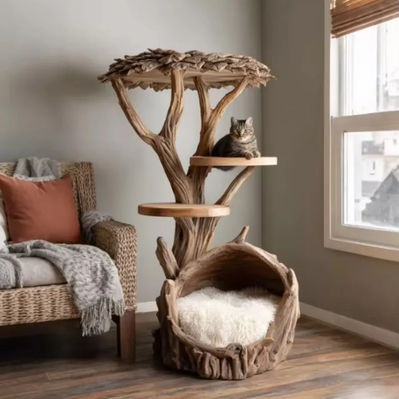Solid wood luxury cat tree integrated climbing frame saves space, multi-layer jumping platform for large cats, tree hole