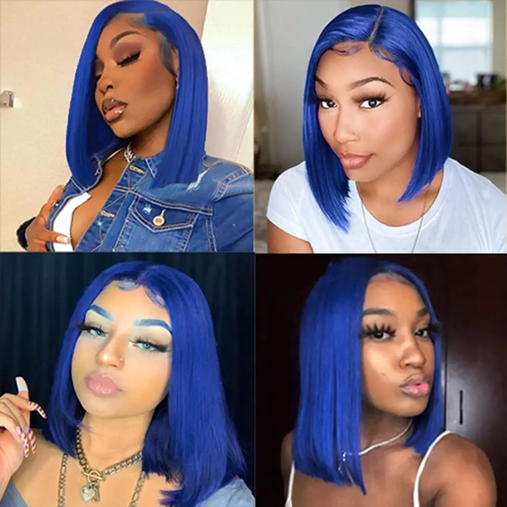 Wig Bob renda pendek lurus warna biru Wig depan 13X4 renda depan rambut manusia Bob Wig Bob renda transparan untuk Wig renda manusia