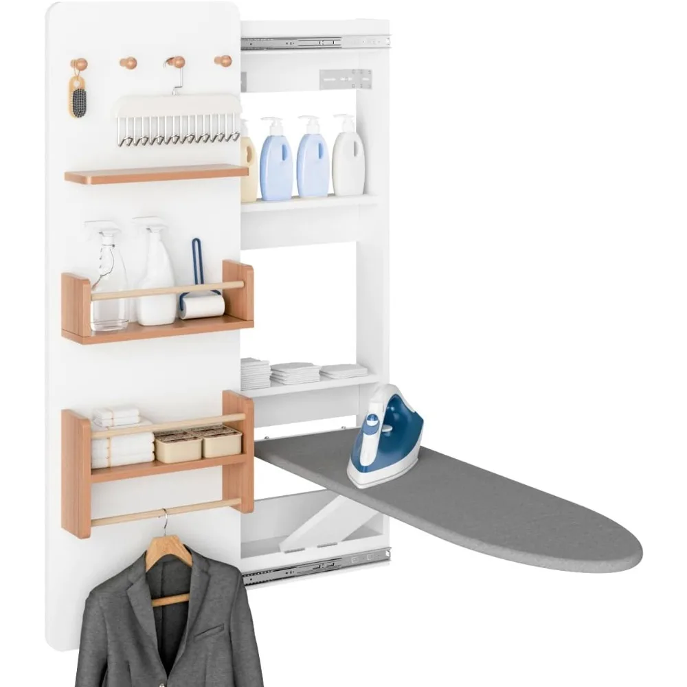 

Ironing Board Cabinet with Storage, Foldable Wall Ironing Board with Sliding Door, Wall Mount Space Saving Ironing