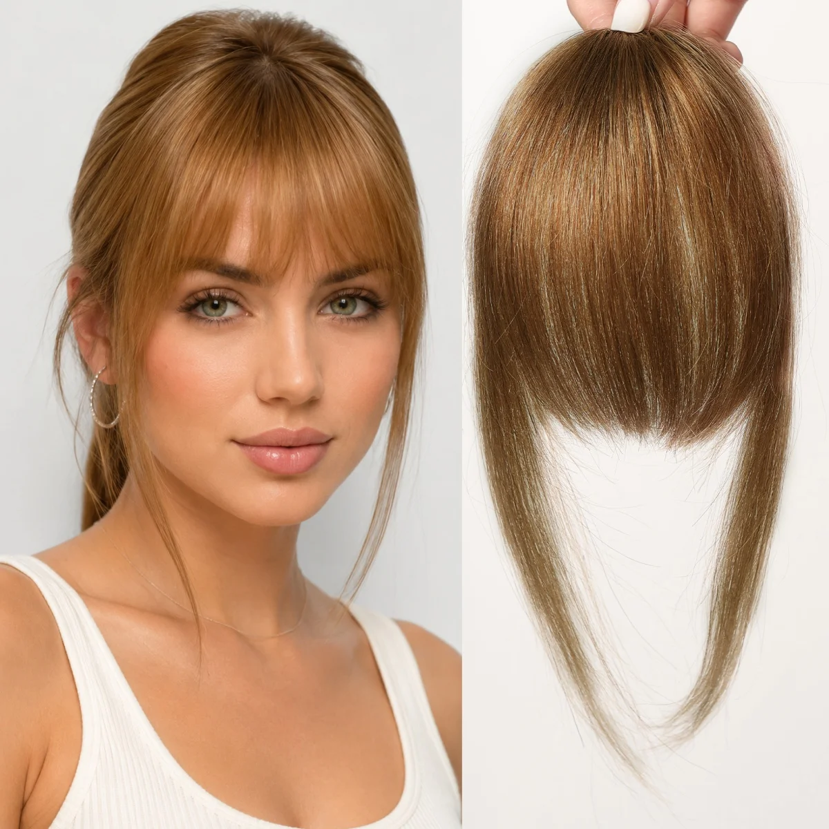 Golden Brown 100% Human Hair Straight Bangs Upgraded 3D Air Wispy Fringe with Sideburns Clip in Hair Extensions for Women Daily