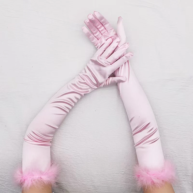 Guantes de plumas elásticos de dedo completo para mujer, manoplas sexys de seda satinada para fiesta de baile, maquillaje de Halloween, escenario de