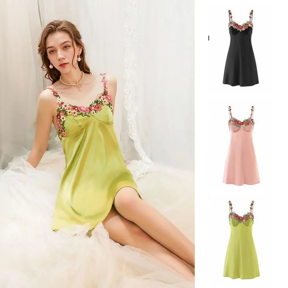 Flower Embroidery Women's Pajama Dress Beauty Back Thin Satin Silk Suspender Nightdress Sleepwear Sleeveless