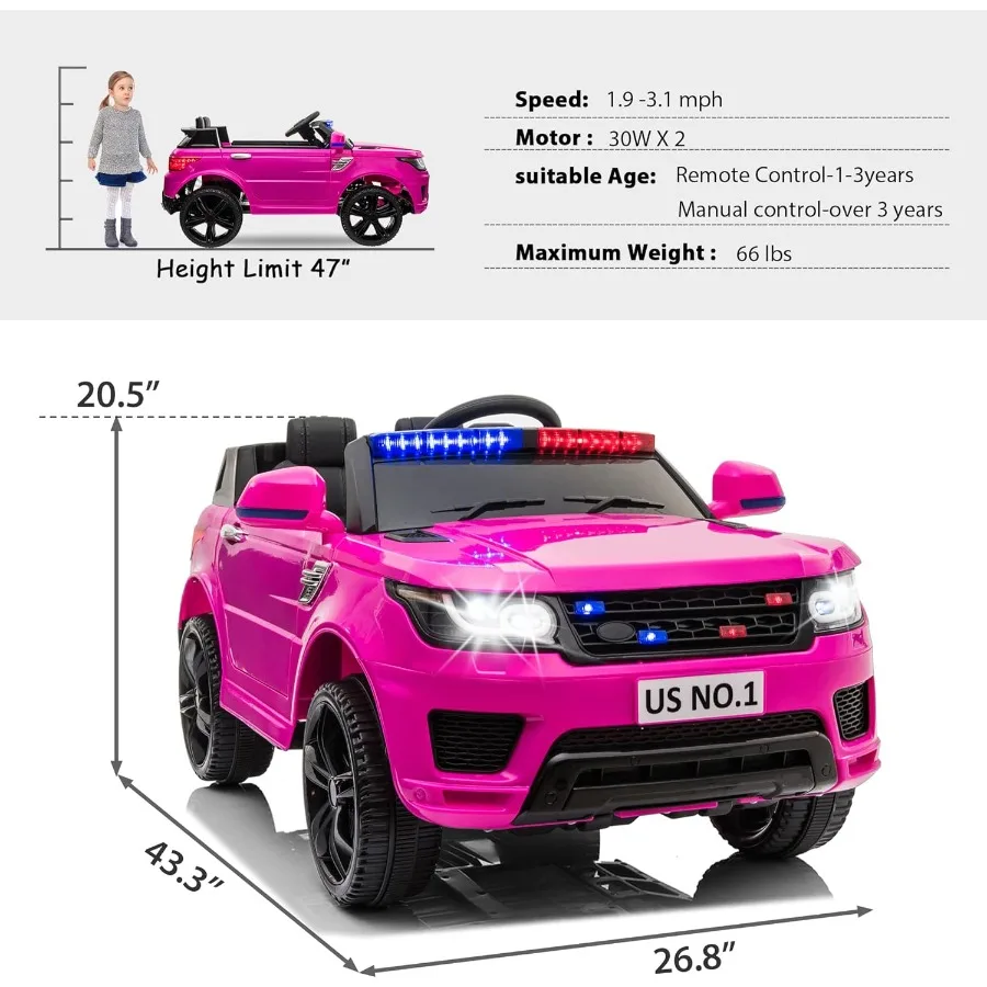Police Cars for Electric Car TOBBI 12V s Powered Ride Ons for Toddlers Cop Cars with Parental Remote Control Siren Flashing Lig