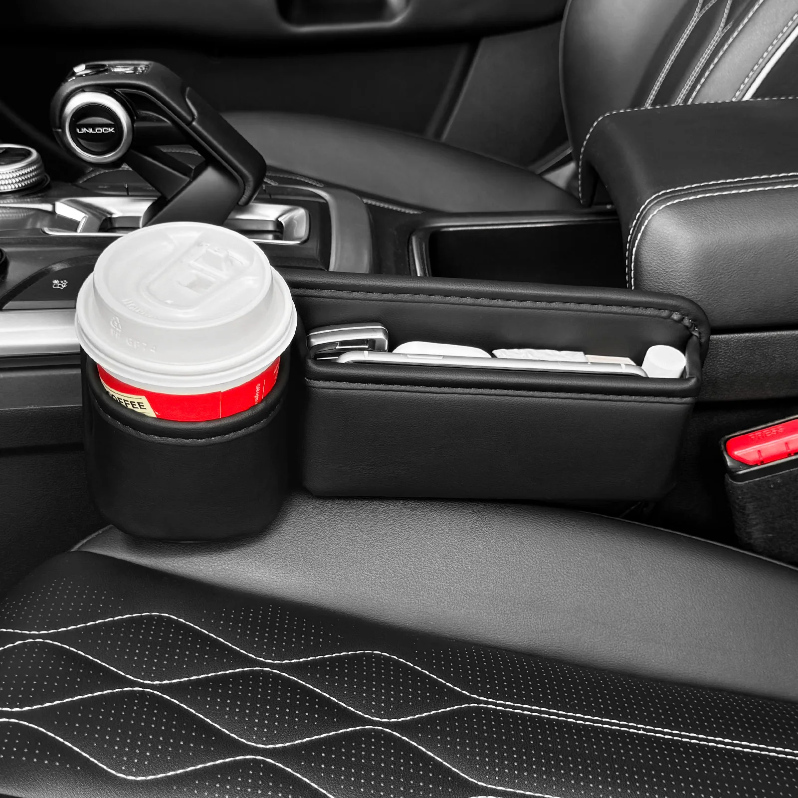 

Car Leather Cup Holder Gap Bag Seat Filler Organizer Storage Box Between Console Black Multifunctional Universal Cable Hole for