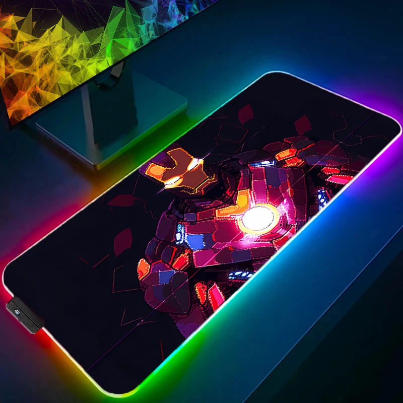 

RGB LED I-iron Man Gaming Mouse Pad Design Non-slip Rubber Sewn Edge Desk Mat Keyboard Pad Gamers And Office Work Mousepad