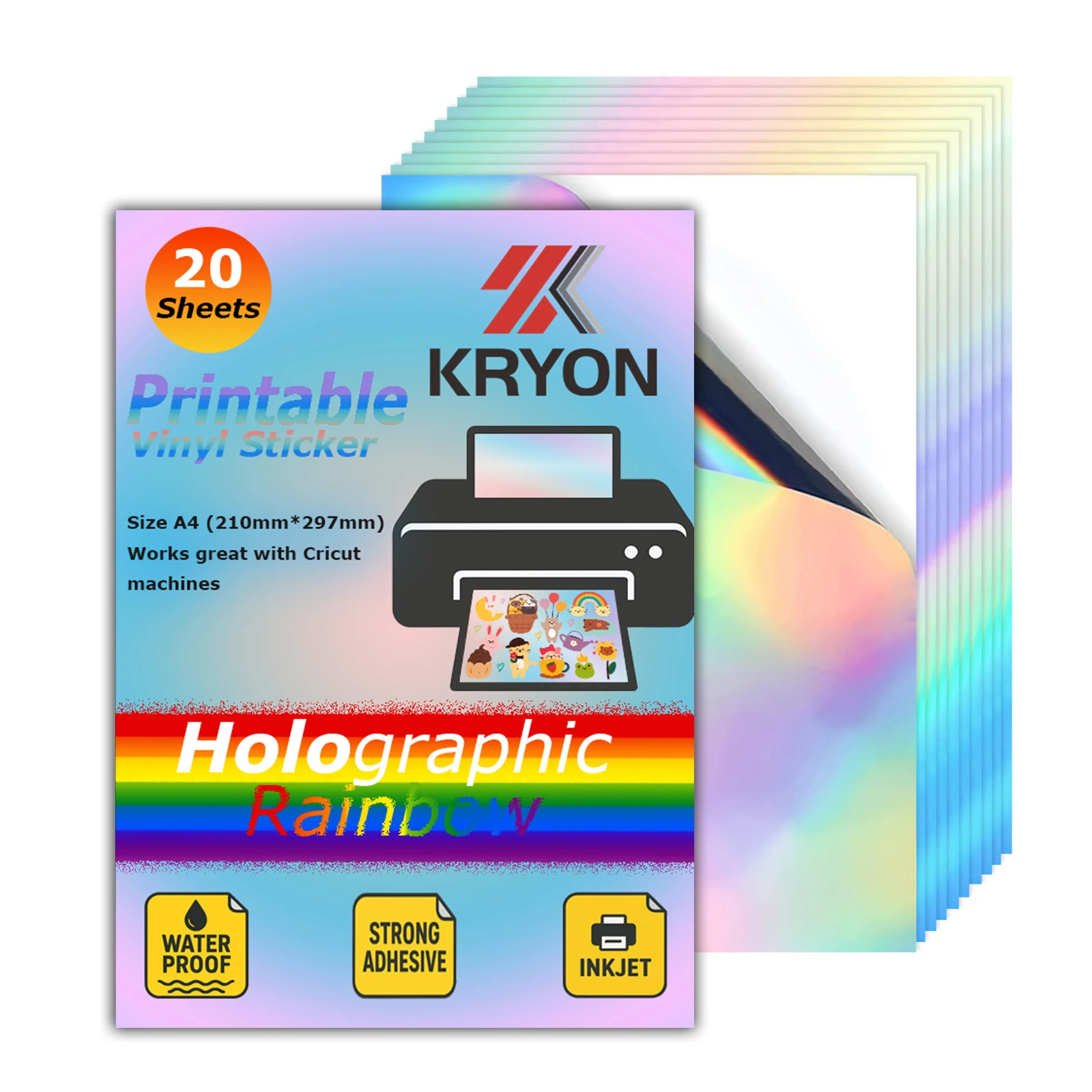 20 Sheets A4 Holographic Printable Vinyl Sticker Paper Waterproof Quick Dry Laser Compatible Rainbow Finish 8.3x11.7in