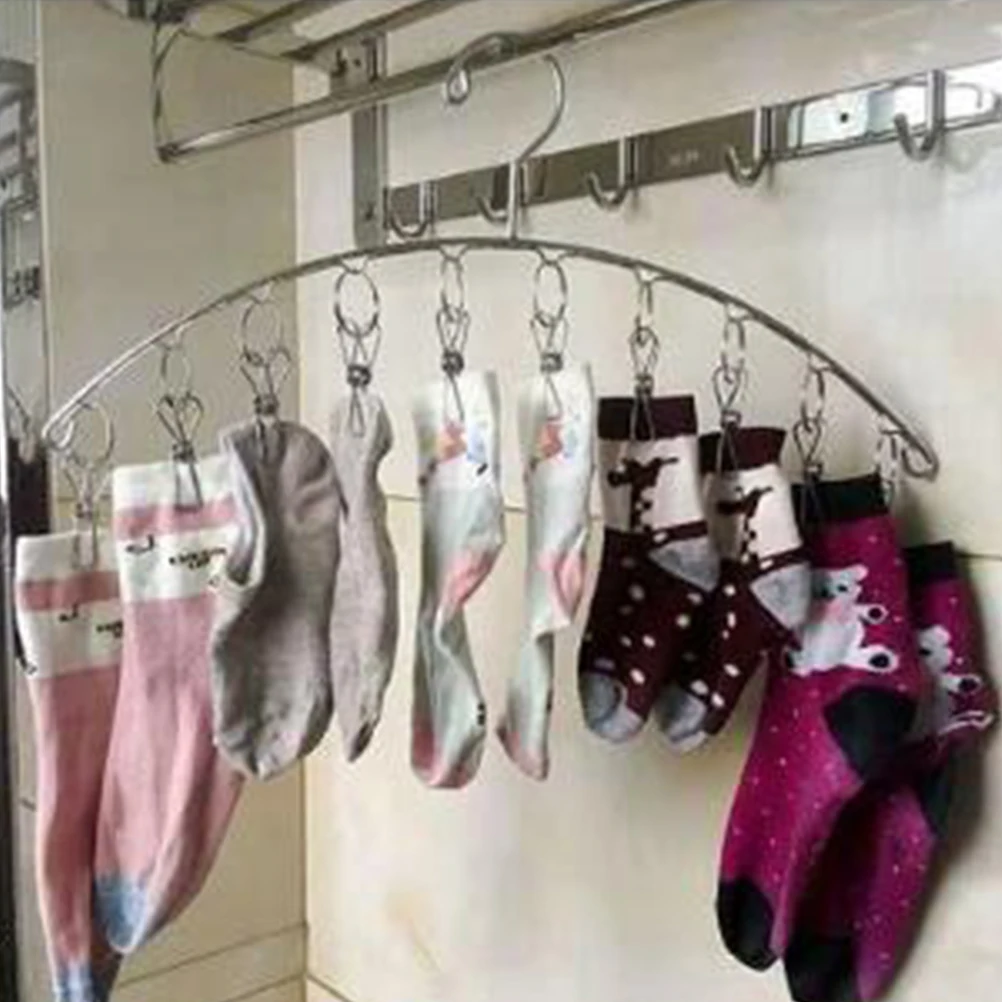 

2pcs Silver Stainless Steel Sock Drying Rack Multi-functional Clothes Hanger Arc Design Space Saving Laundry Solution