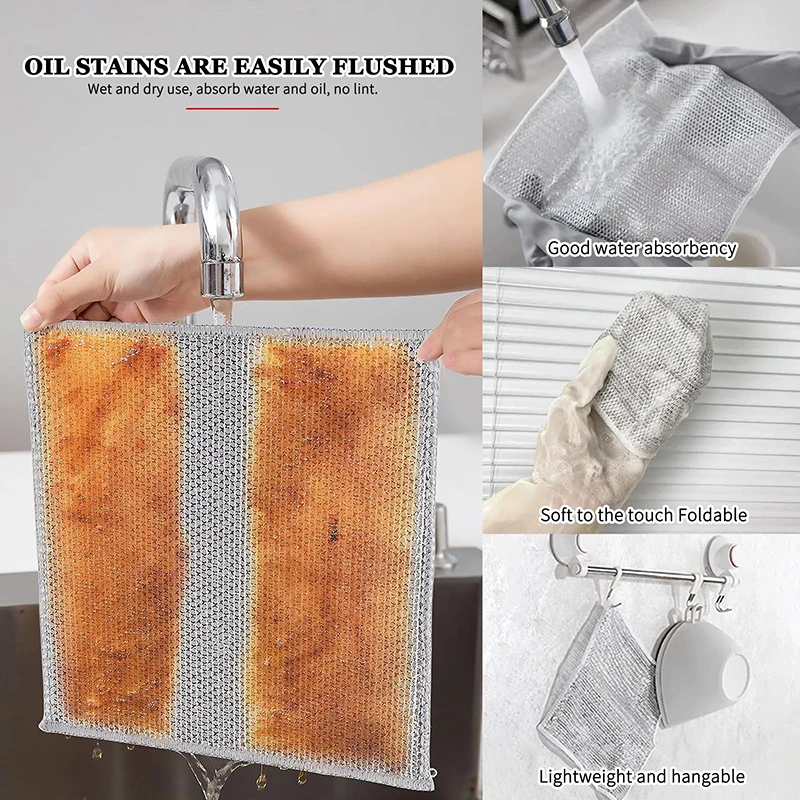 1/5/10pcs Magic Cleaning Cloth Thicken Double Layer Steel Wire Rags Non-stick Oil Dishcloth Towel Kitchen Dish Pot Cleaning Tool