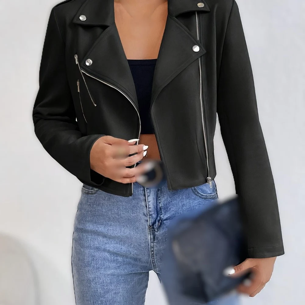 Short Leather Jacket for Women with Diagonal Zipper Metal Buttons High Waist Regular Length Autumn Winter Wear