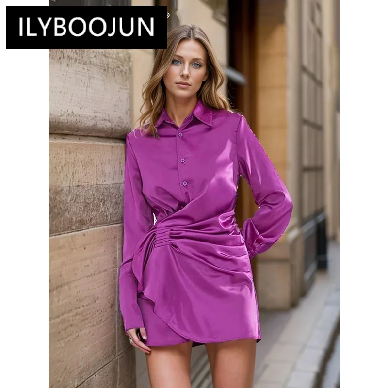 

ILYBOOJUN Solid Folds Patchwork Single Breasted Shirts For Women Lapel Long Sleeve Casual Loose Blouse Female Fashion Style