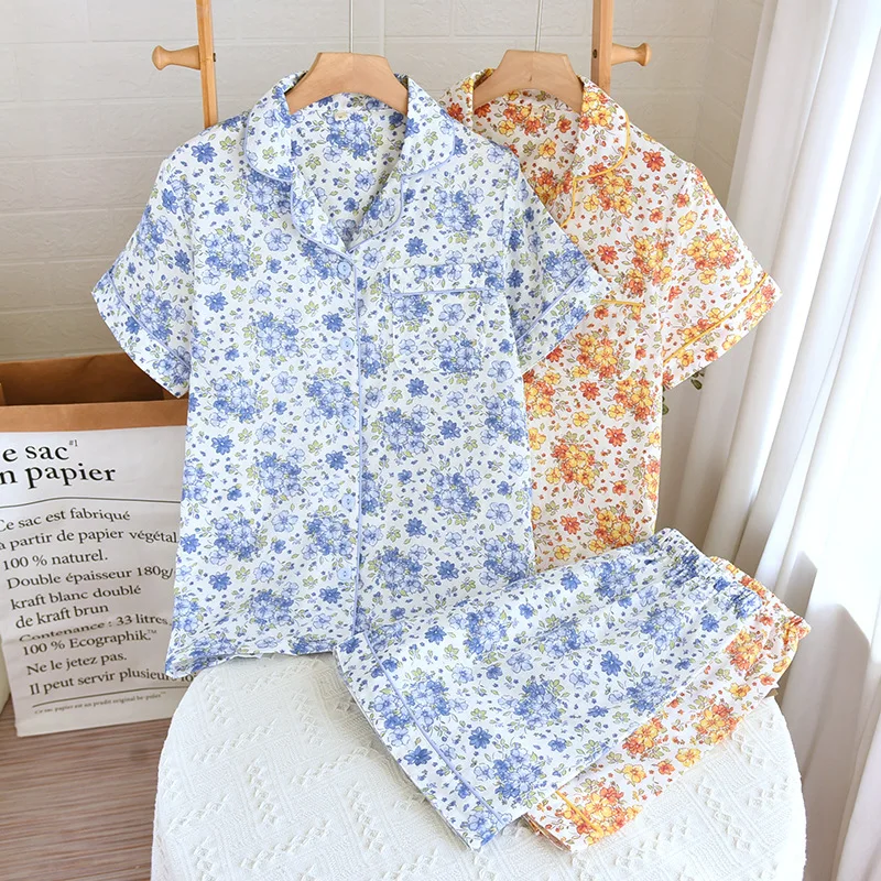 

Wholesale & Retail Summer Cardigan Short Sleeve Shorts Cotton Pajamas Women's Thin Loose Double Gauze Cotton Mom Homewear Cover