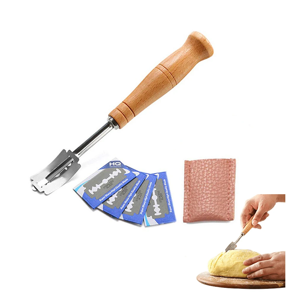 Herramienta de corte de pan con mango de madera, cuchillo de masa para panaderos con 5 cuchillas de piezas