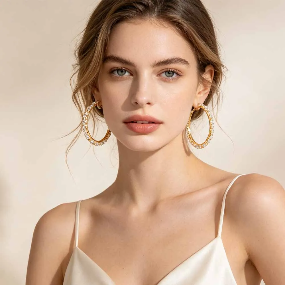 1 Pair of Gold-Plated Zircon Large Hoop Earrings for Women, Light Luxury, High-End, Fashionable and Versatile Earrings