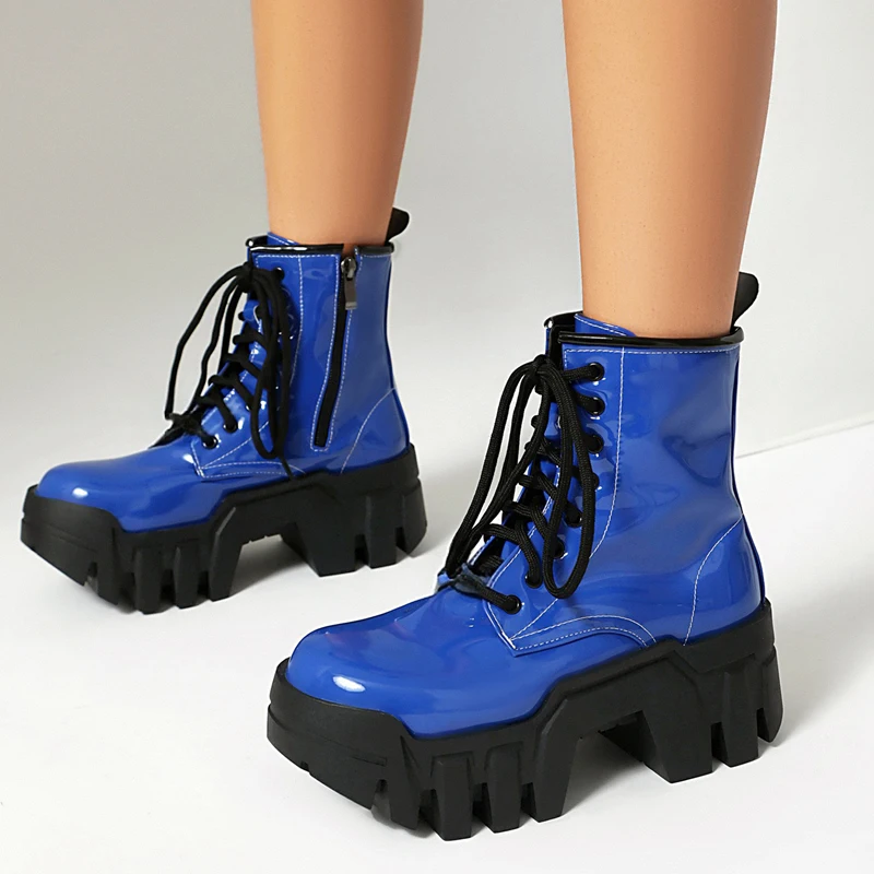 

Large Size 42 43 44 Autumn Winter New Gothic Punk Motorcycle Boots Women Thick Bottom Platforms Cross Lace Up Chunky Ankle Boots