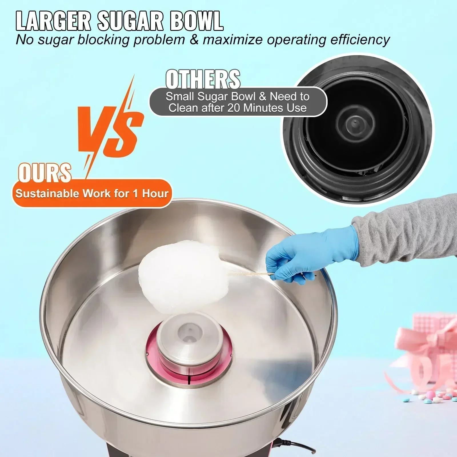 VEVOR  Candy Floss Maker 21 Inch Stainless Steel Bowl Commercial Cotton Candy Machine Stainless Steel Cotton Candy Maker