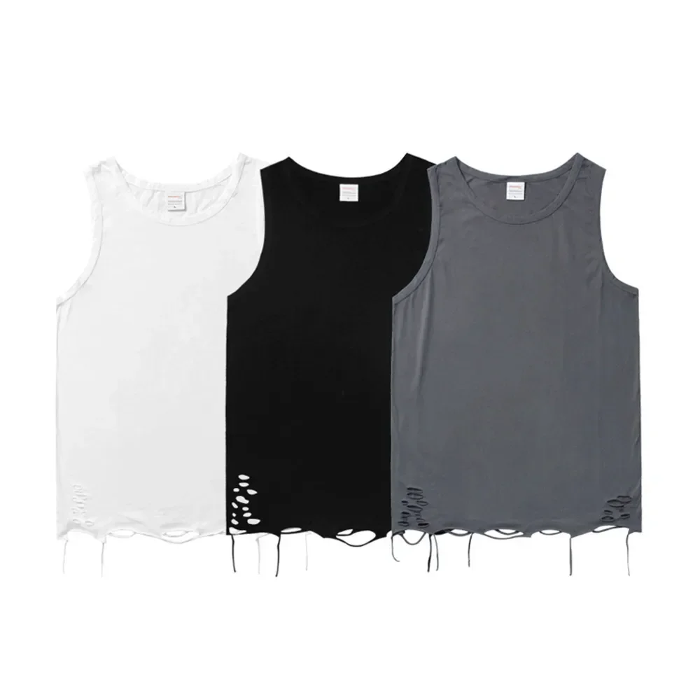 Mens Vest Minimalist Solid Perforated Casual Sleeveless Summer Street Trend Loose Layered Bottom T-shirt for Men