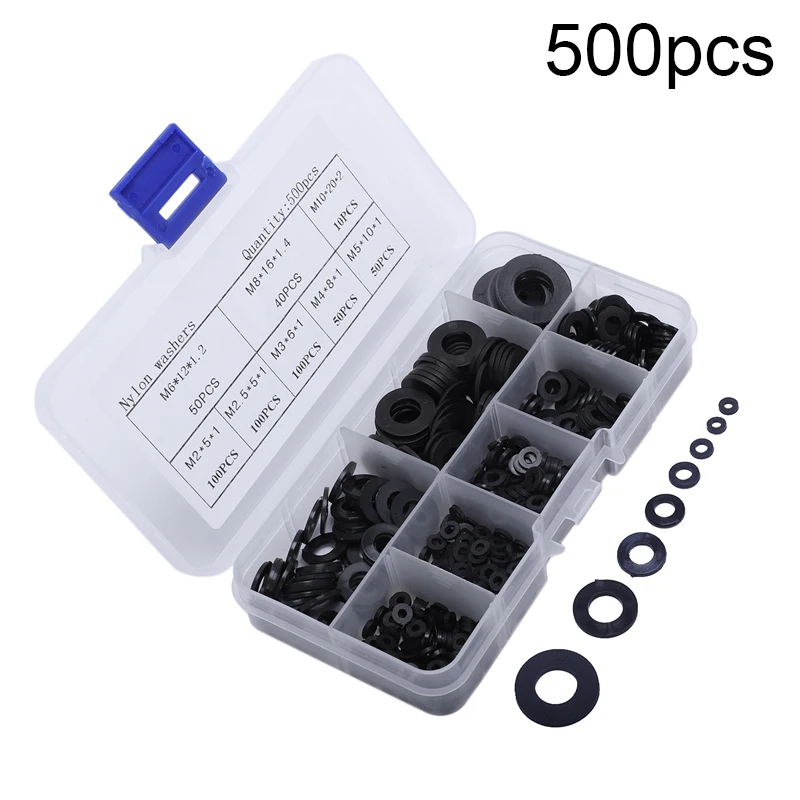 500PCS M2-M10 Nylon Washers Plastic Insulation Spacers Seals Black White 250/350/480/500PCS Set Gasket Ring Kits