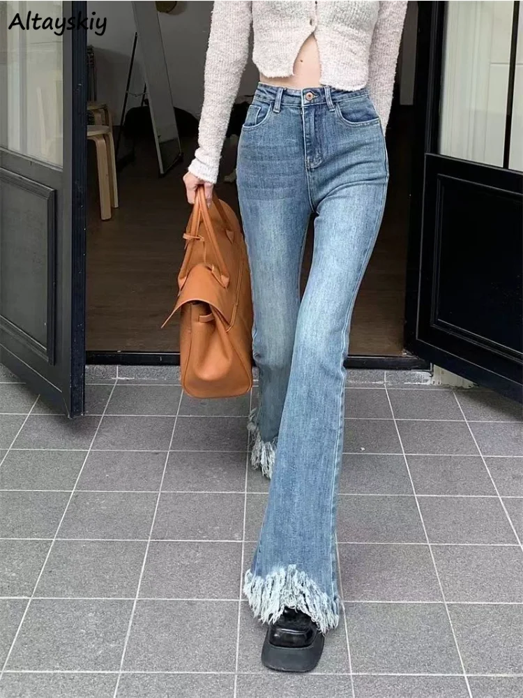 

Tassel Jeans Women Flare Elegant Leisure Office Lady High Waist Simple Designed Vintage Washed Korean Fashion Clothing All-match