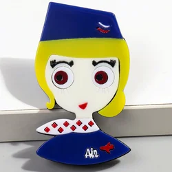 Cute Acrylic Stewardess Brooches Pins for Women Girls Resin Elegant Navy Blue Uniform Lady Brooch Badges Office Jewelry Gifts