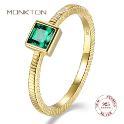 Monkton Real 925 Sterling Silver Vintage Square Green Zircon Rings for Women Luxury Golden Pattern Elegant Wedding Ring anillos