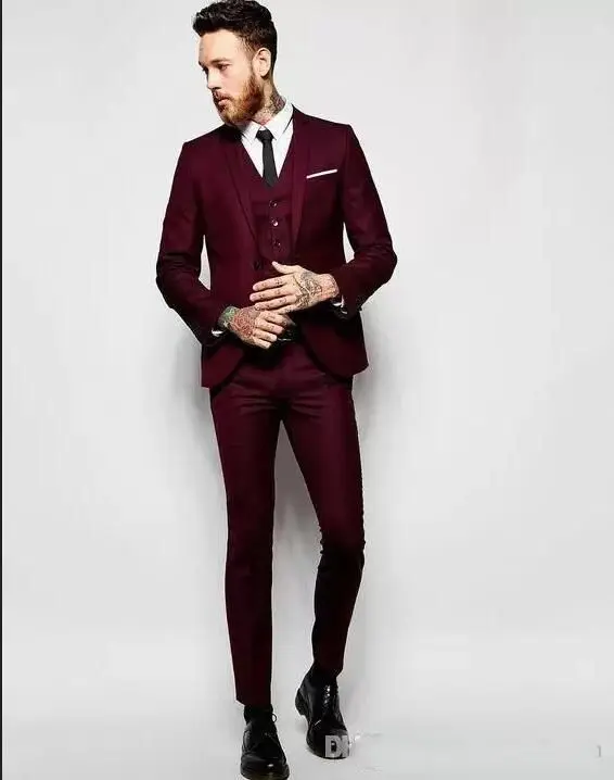 

Handsome Burgundy Wedding Tuxedos Slim Fit Suits For Men Groomsmen Suit Three Pieces Cheap Prom Formal Suits (Jacket +Pants+Vest