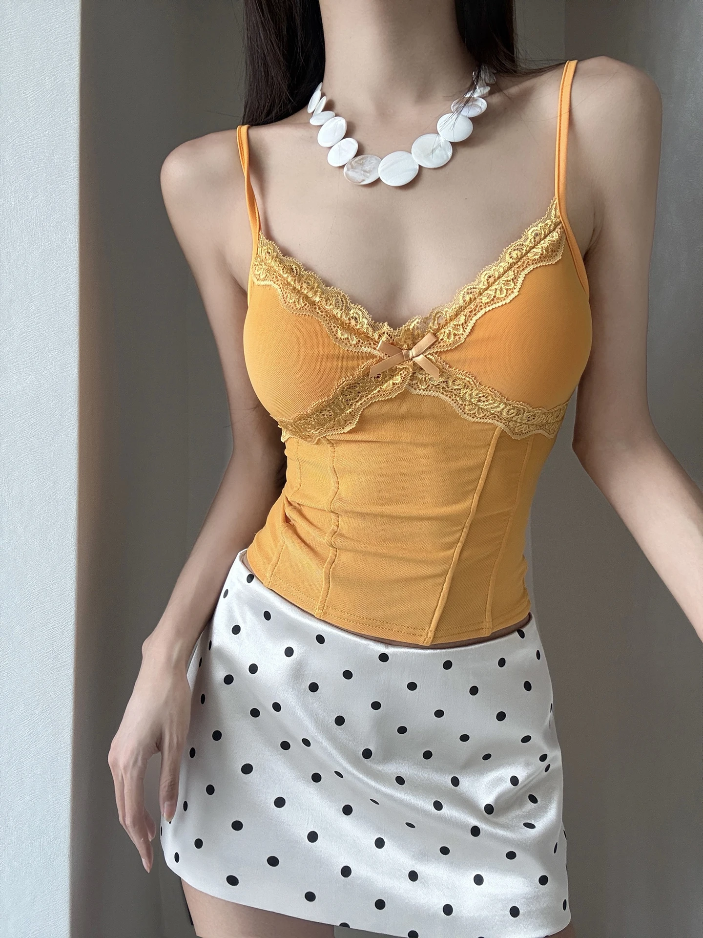 Romantic Private Lace   Knot See through Slimming Strap Top with Chest Pad Women's Fashion Vest Strap 2026 Summer