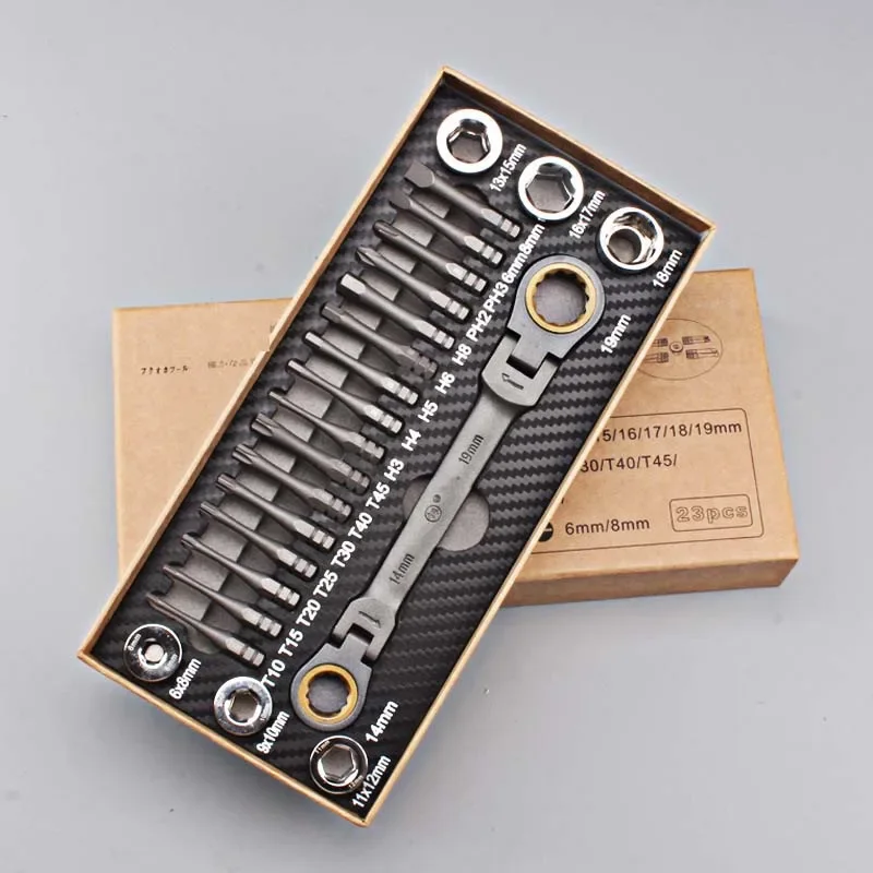 23pcs Multifunctional Ratchet Spanner Set Flexible Head Ratchet Double Box Wrench Socket Screwdriver Bits Auto Repairing Tool