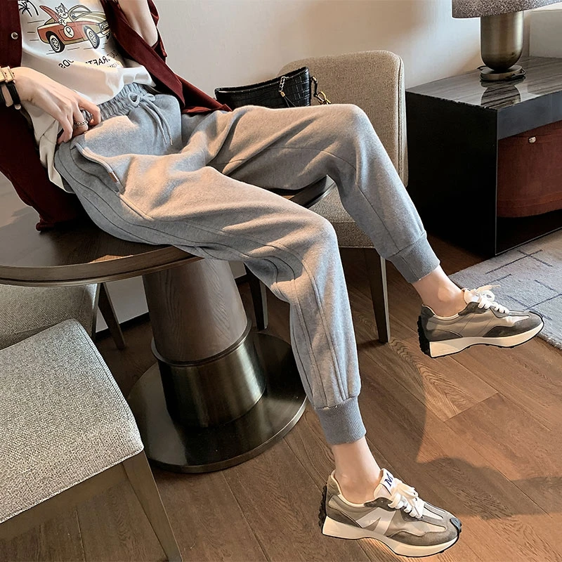 Grey Sports Pants Women's Loose Cuffed Casual Spring Autumn Slimming Versatile Small Size Harlan Pants High Waist Cotton Blend