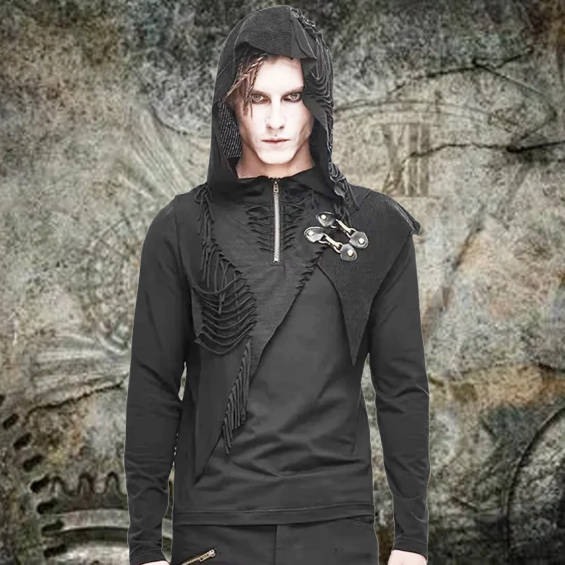 Men's Long Sleeved Hooded T-Shirt Autumn Subculture Dark Punk Rock Style Asymmetrical Top 2026 Fashion Trend Ripped Splicing