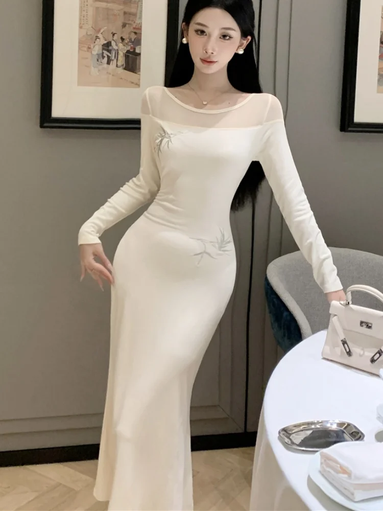 

French Vintage Velvet Splice Mesh Wedding Party Dress Female Elegant O-neck Long Sleeve Slim Sequined Midi Prom Robes Vestidos