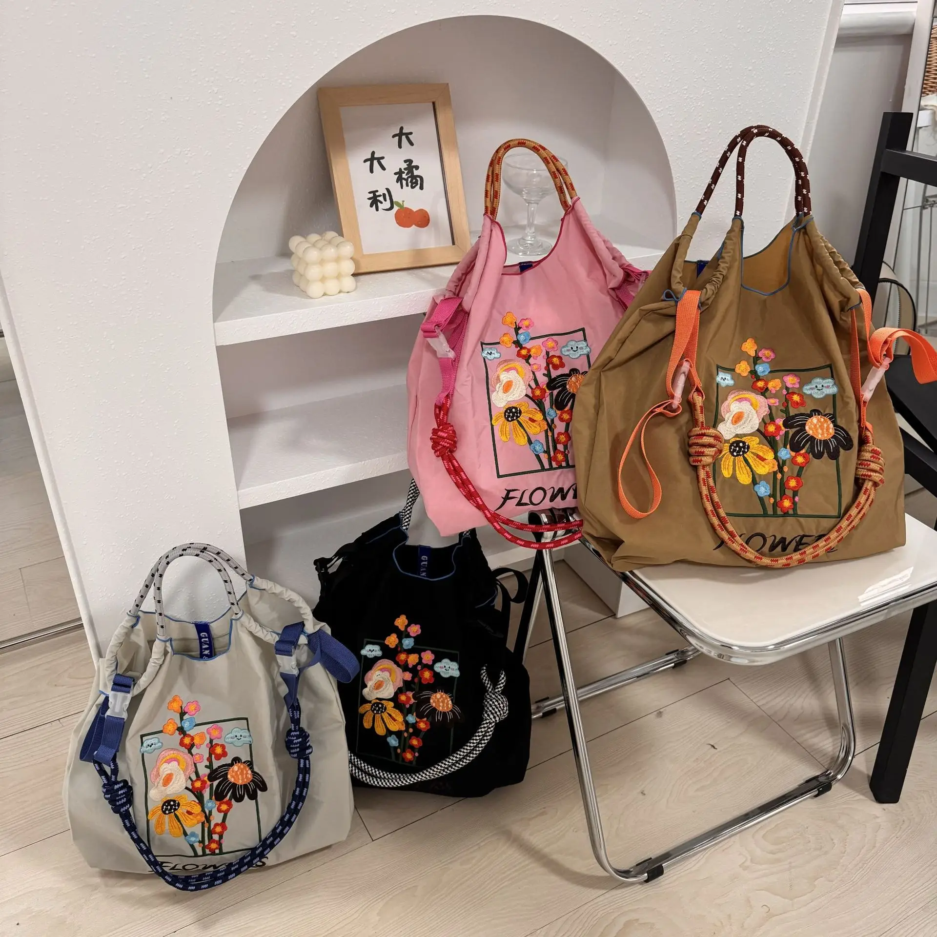 New Kawaii Eco-Friendly Bag Embroidered Nylon Anime Large Capacity Shopping Bag Flower Series Handheld Shoulder Bag Gifts