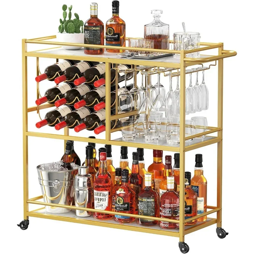 Bar cart, 3-tier beverage cart with locking wheels, 12 wine racks and 3 rows of glass racks, hall passengers, service carts