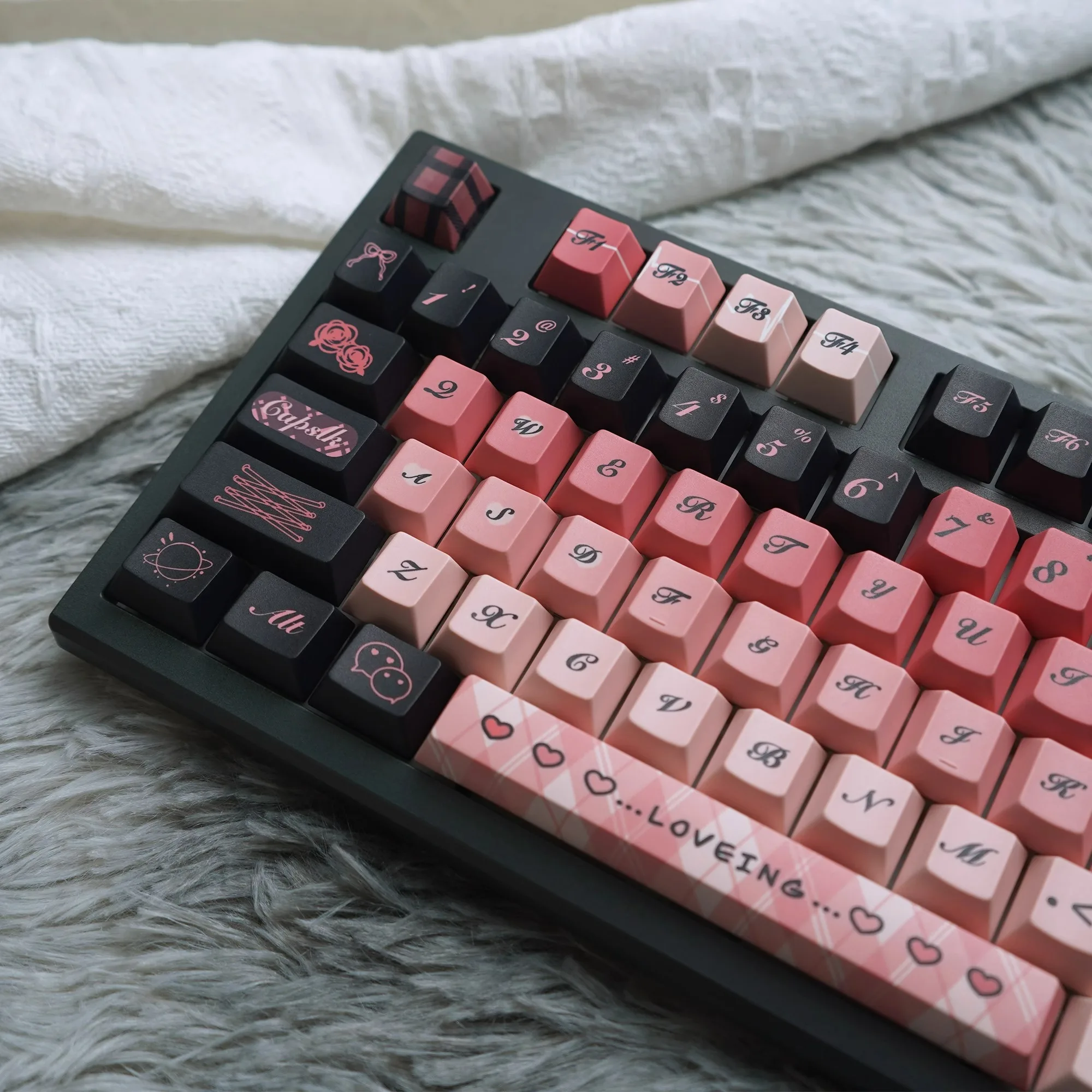 Keycaps Tema Sinal de Coração, Preto, Rosa, Bonito, Térmico, Sublimação, Presente Personalizado, Cereja, 133 Chaves