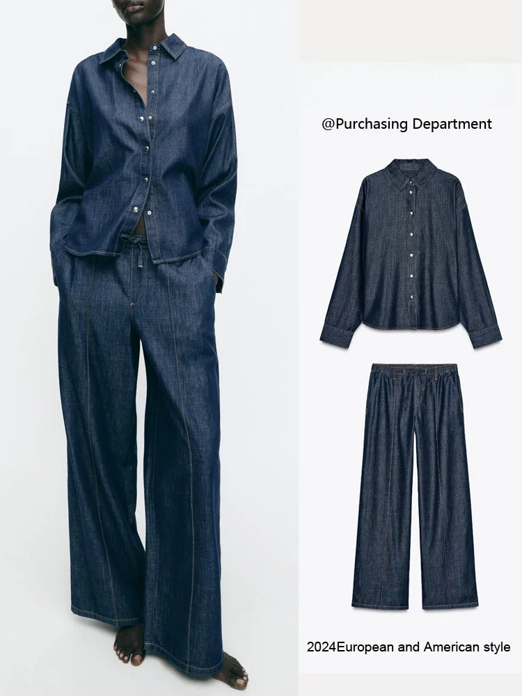

Spring New Women's Long Sve Collared Denim irt High Waist Wide Leg Jeans Faion Set High Quali Ladies' Clothing