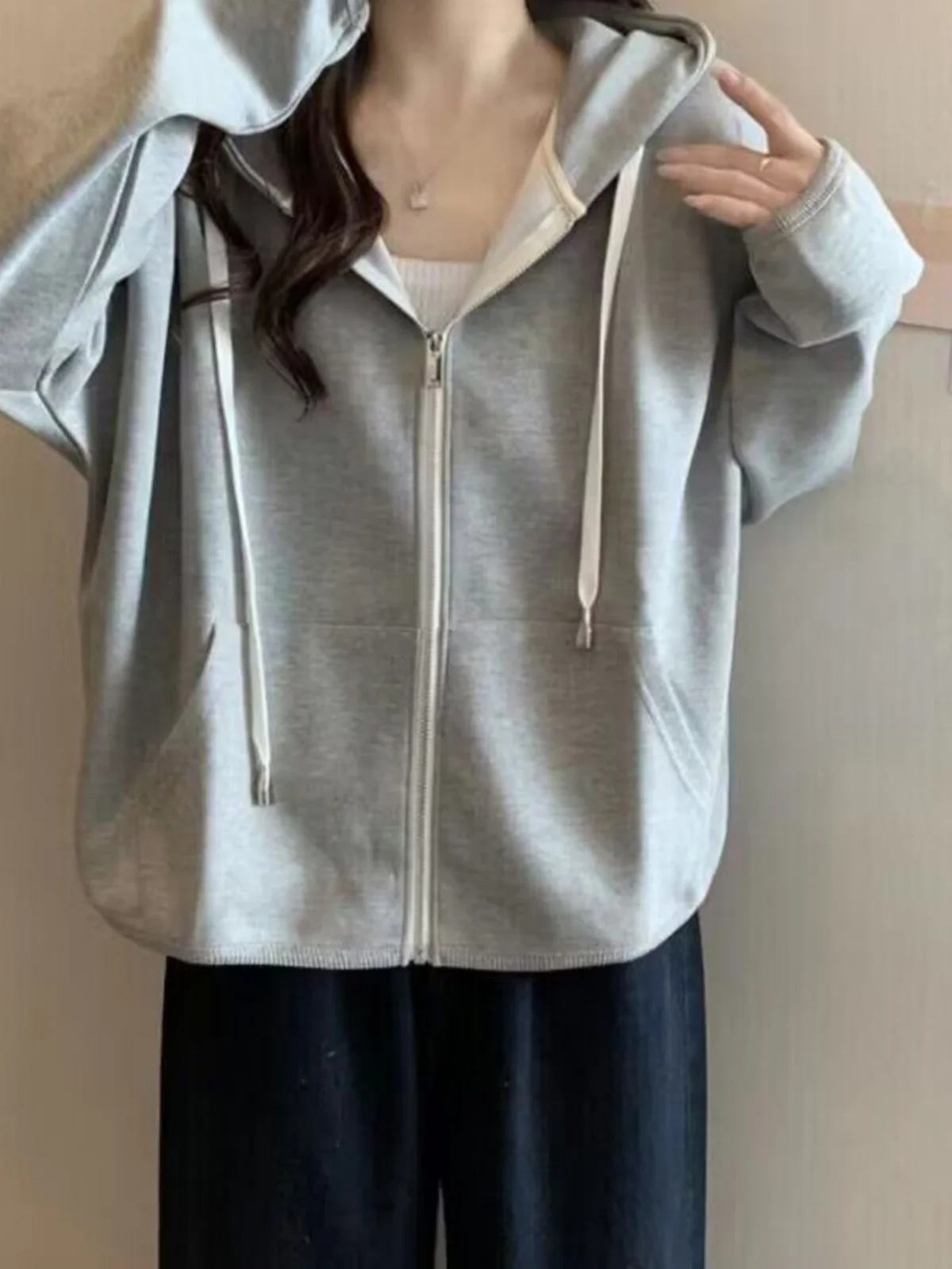 

Женский кардиган на молнии с капюшоном, тонкий, свободного кроя, в корейском стиле, повседневный топ, весна-осень, большие размеры, толстовка