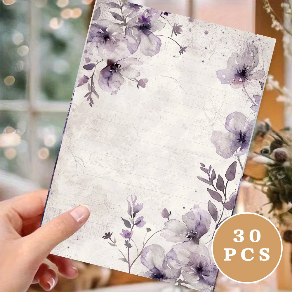 30 sheets.B5 vintage purple floral stationery paper,watercolor-style letter paper, tearable notepad, perfect for writing letters