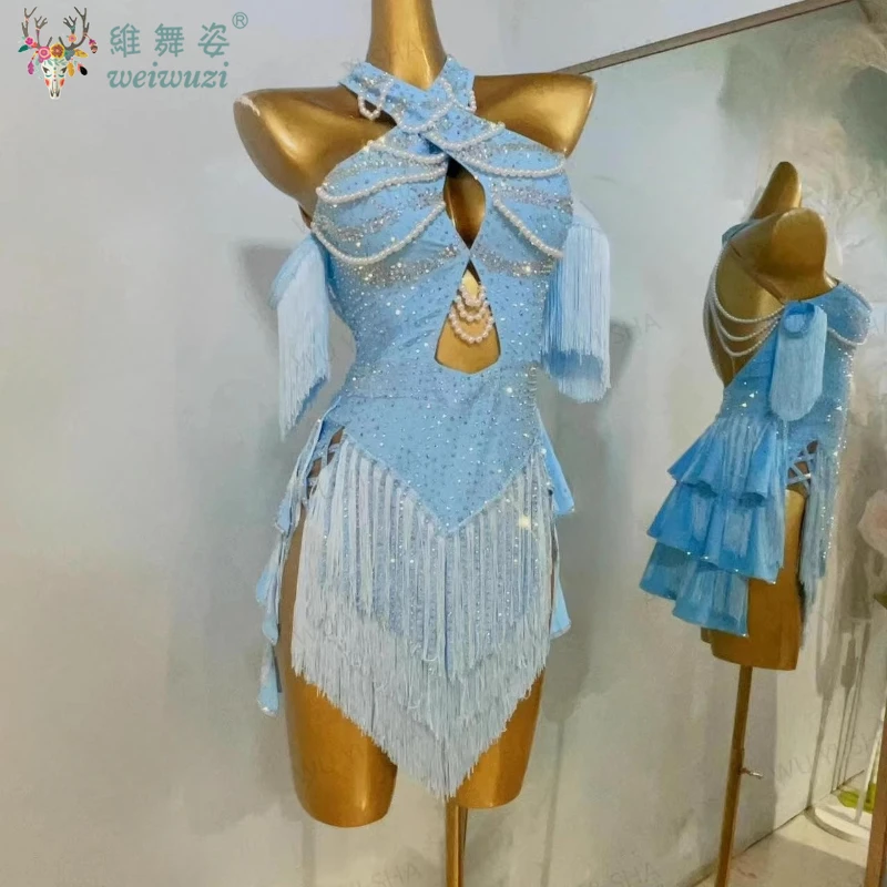 Latin Dance Competition Women's High-end Custom Hanging Neck Pearl Chain Chest Samba Professional Performance Rhinestone Dress