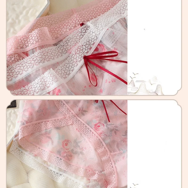 3PCS/Set Women\'s Panties Thin Floral Hazy Ancient Style Fairy Sexy Rose Mesh Transparent Plus Size 7XL Briefs Female Underpants
