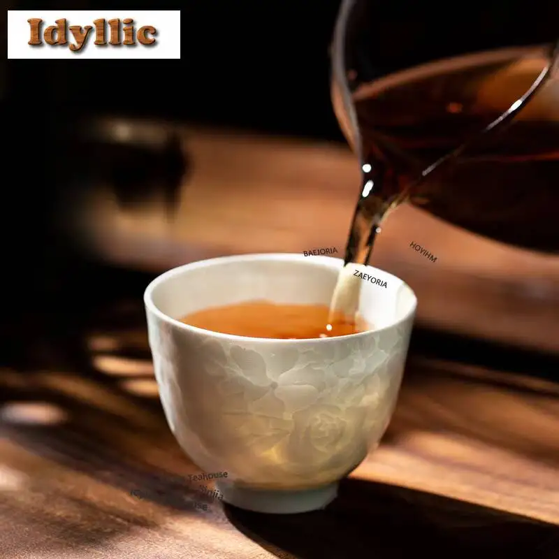70ml Misty Blue Carving Thousands Of Flowers Teacup Ancient Tea Bowl Jug Tea-tasting Personal Cup Chazhan Master Cups Tea Gifts