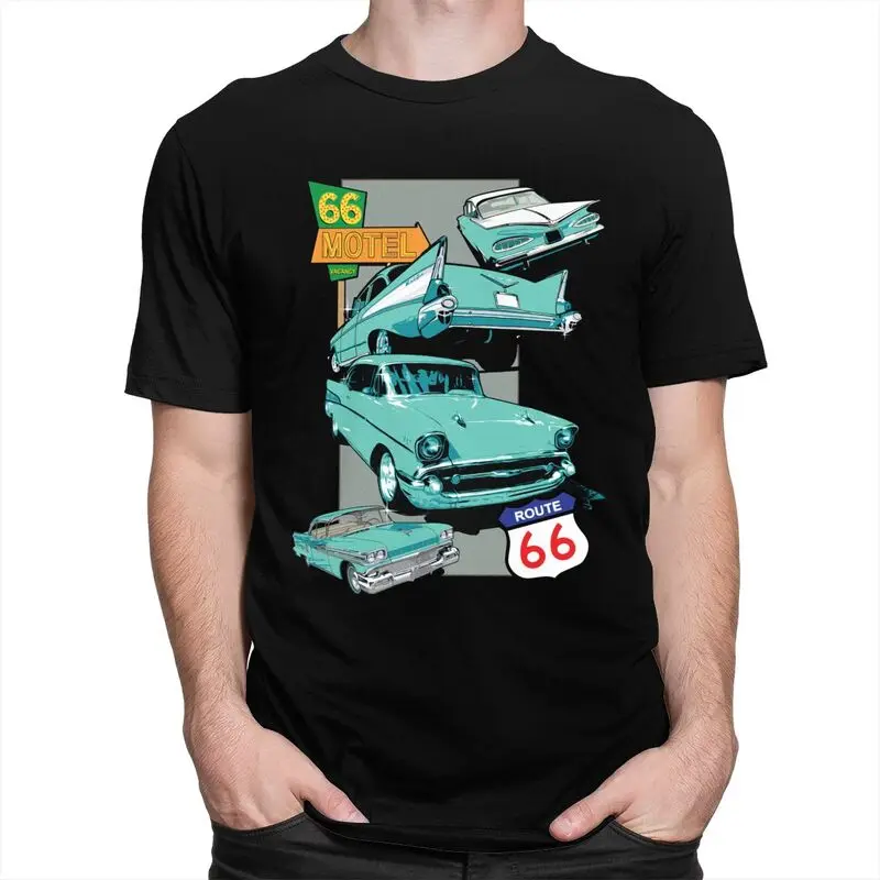 Custom Route 66 Classic Car Nostalgia T Shirt Men Pure Cotton Tshirt Casual Tee Short Sleeves Car Lover T-shirts Fitted Clothing