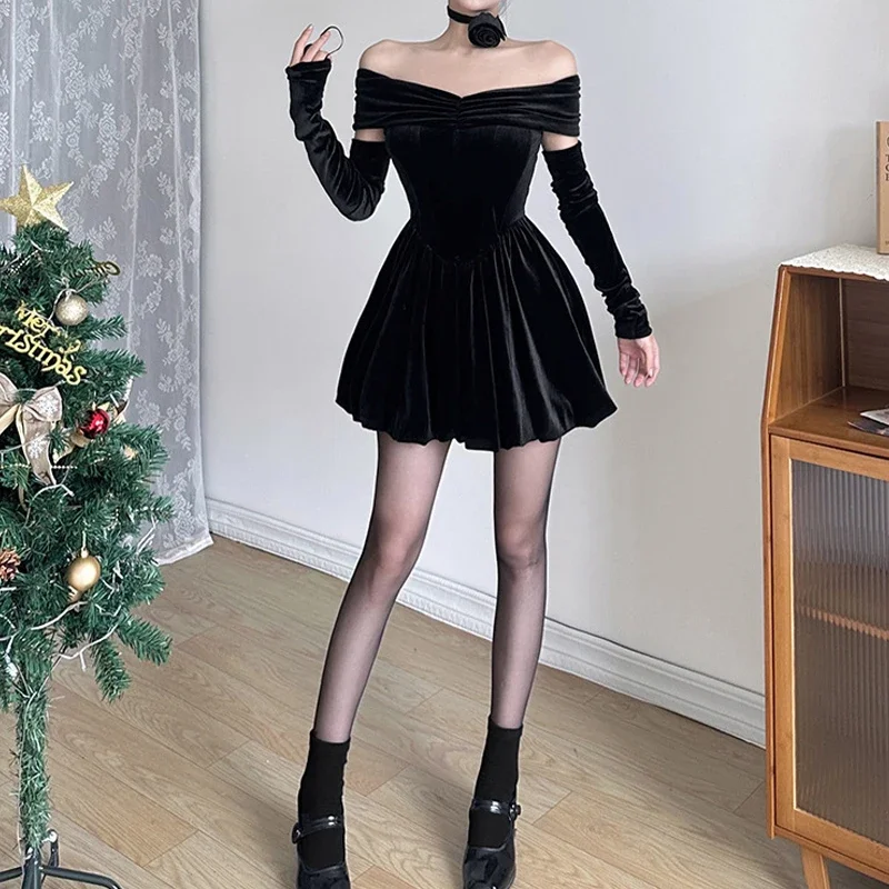 Y2k Elegant Gothic Velvet Mini Dresses Women Ruched Off Shoulder A-line Partywear Bodycon Dress Formal Corset Outfits Vestidos