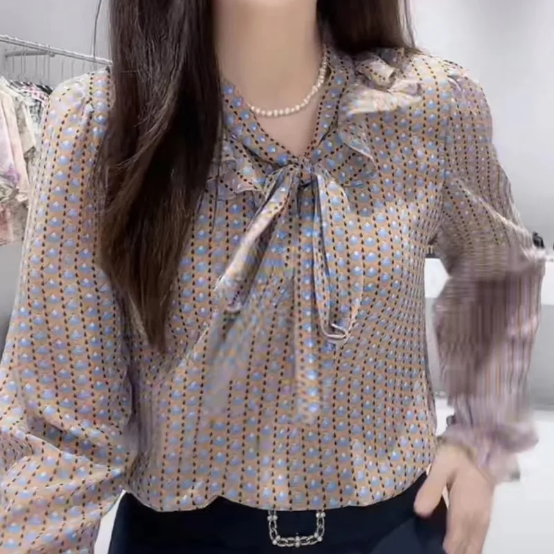 Spring Autumn New Printed Bow Chiffon Shirt Women Round Neck Fashion All-match Long Sleeve Striped Ruffles Bandage Pullover Tops