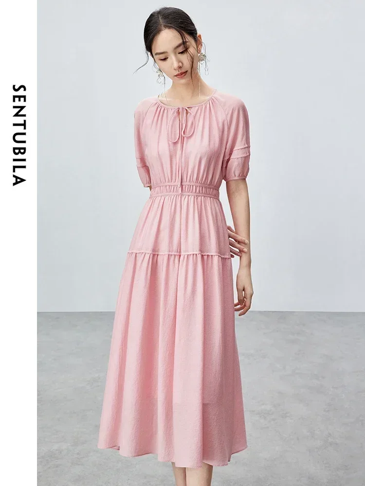 

SENTUBILA Summer Midi Pink Dress Women 2025 Fashion Elegant Tied Neck Lantern Sleeve A Line Dresses Woman Clothes 142L54931