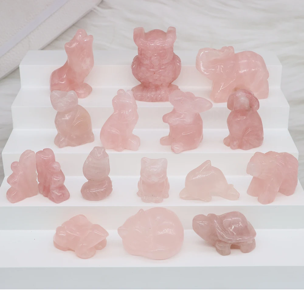 10PCS/Set Natural Rose Quartz Stone Hand Carved Animals Statue Ornaments Healing Crystals Energy Gems Figurine Home Crafts Decor