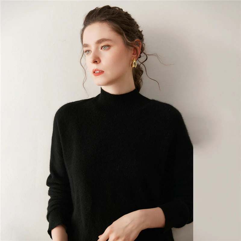 Casual Loose Mock Neck 100% Cashmere Knitted Fashion Soft Minimalist Hem Design Women's Pullovers Thick Gentle Sweater