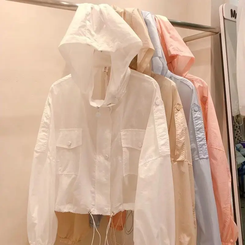 

Summer Women Hooded Beach UV Jacket Female Long Sleeve Sun Protection Clothing Ladies Pink Sunscreen Casual Top 2023