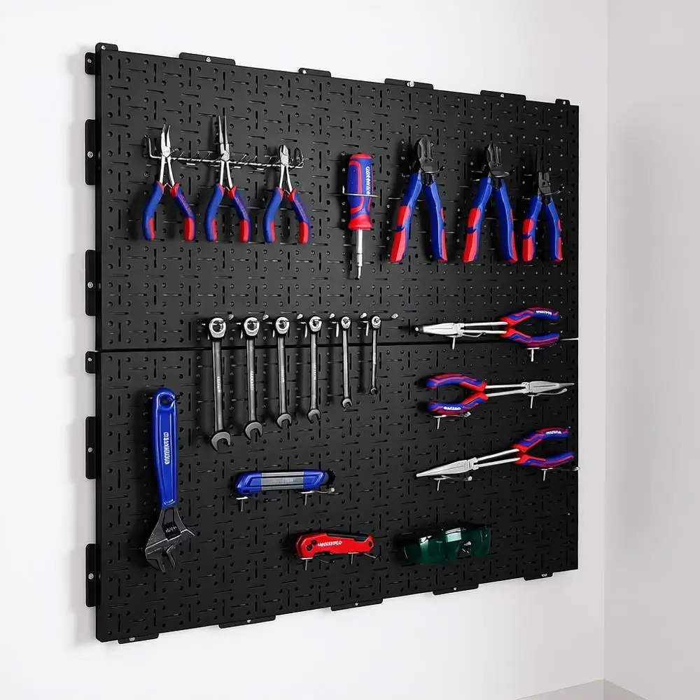 

16x32 Steel Panel with Round Holes & Veal Slots, Black Heavy Duty Garage Peg Board Wall Organizer for Workshop