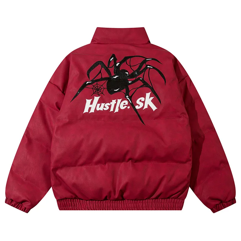 Jaqueta quente bordado de aranha masculina, gola, Parkas acolchoadas, vintage americano, casaco à prova de vento solto, streetwear masculino, inverno